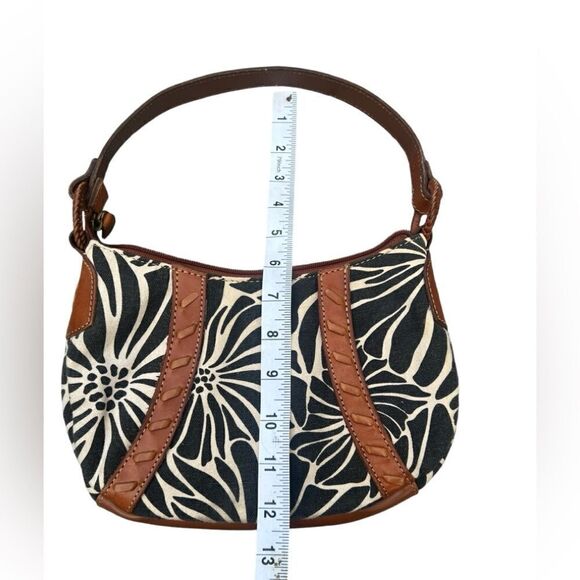 FOSSIL Black Cream Print Linen Canvas Leather Strap Hobo Shoulder Bag - Picture 6 of 7